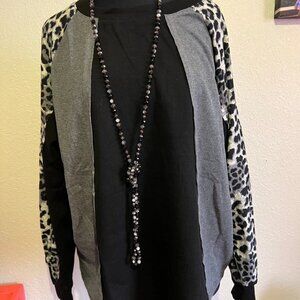 Gigio Womens Solid Block and Leopard Knit Mix Balloon Sleeve Top S M L NWT